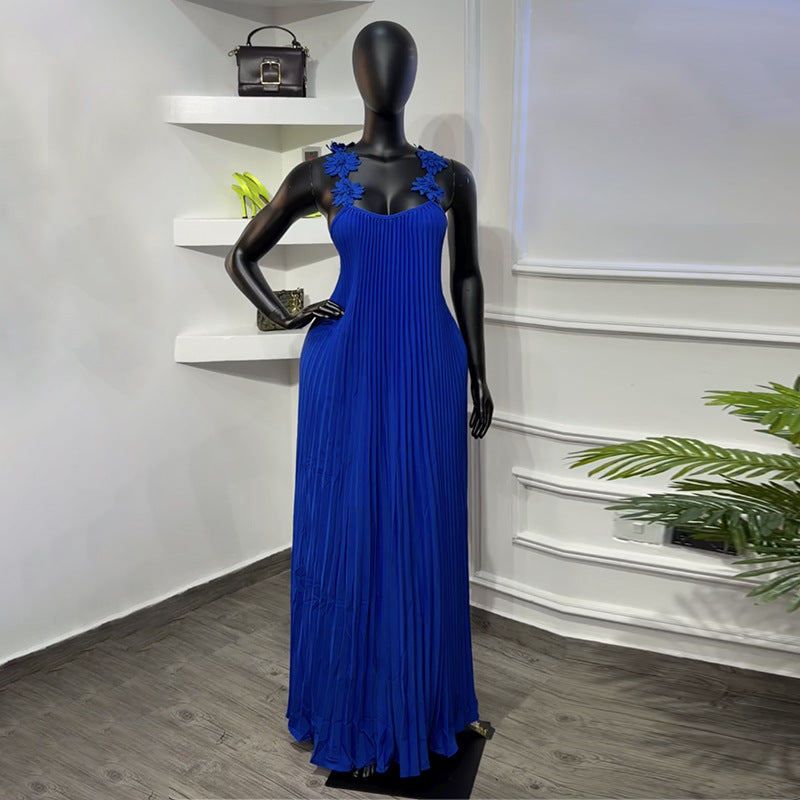 European and american cross-border women's fashion:  spring new arrival - elegant 3d floral shoulder strap solid color pleated backless cami dress