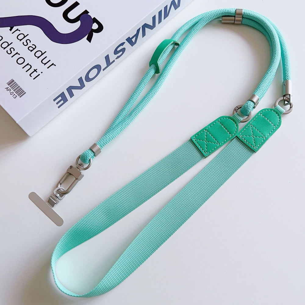 Trendy wide shoulder strap crossbody phone case lanyard with lambskin patchwork, adjustable strap, anti-lost chain for outdoor travel