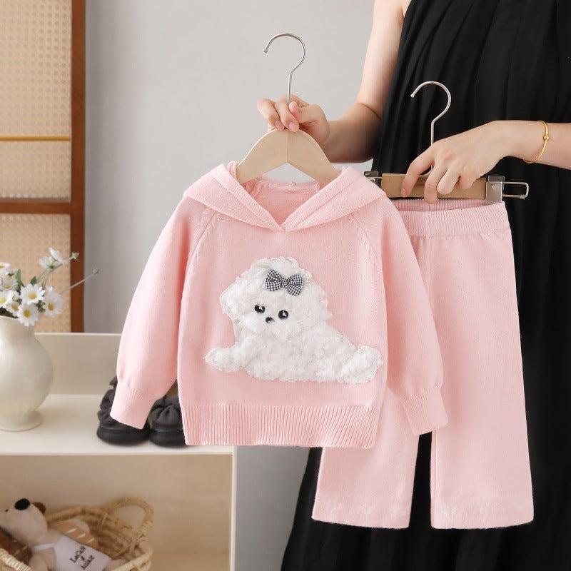 Kids' sweater set - new autumn/winter collection - baby girl cute cartoon puppy hooded knit sweater and pants set
