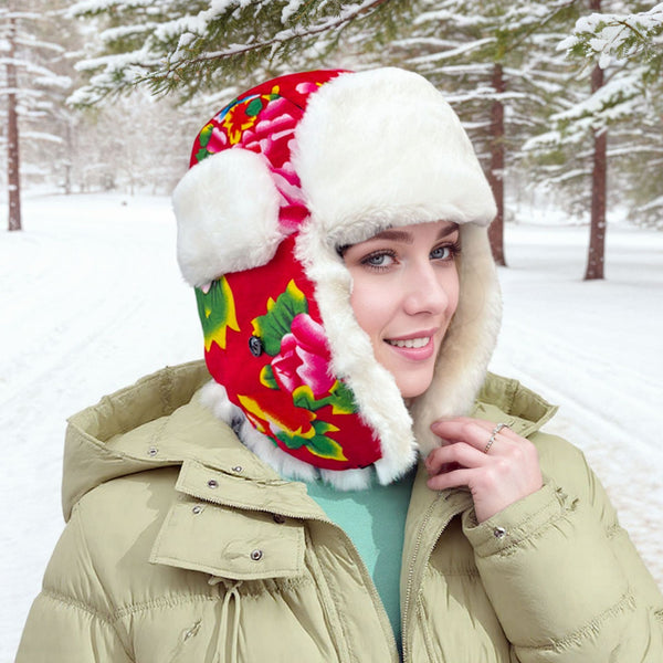 Cross-border imitation rabbit fur winter Lei Feng hat women's trend cotton hat warm ear protection fleece Northeast big old flower cloth youth hat