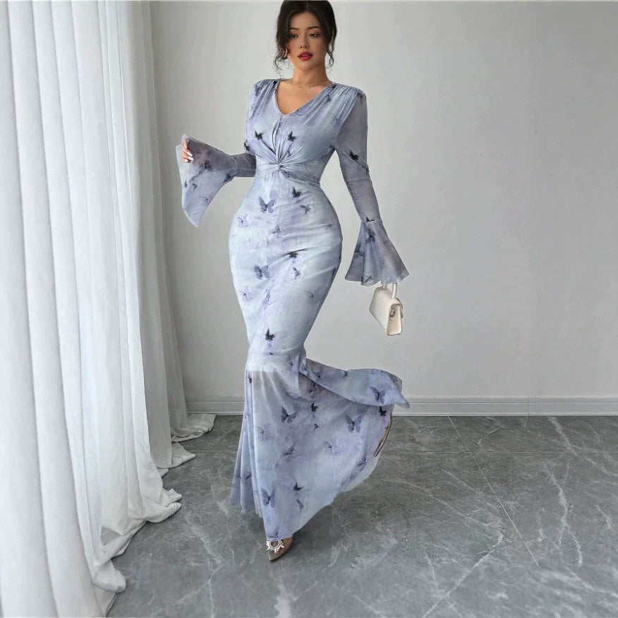 new chinese style one-shoulder long sleeve dress - women's autumn sexy slim-fit bodycon mermaid tail evening gown