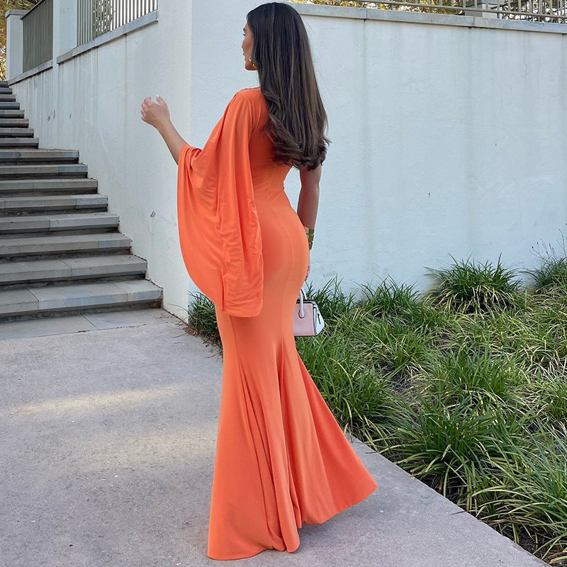 European and American style ins  women's clothing solid color dress single sleeve round neck pullover temperament casual skirt trendy dress