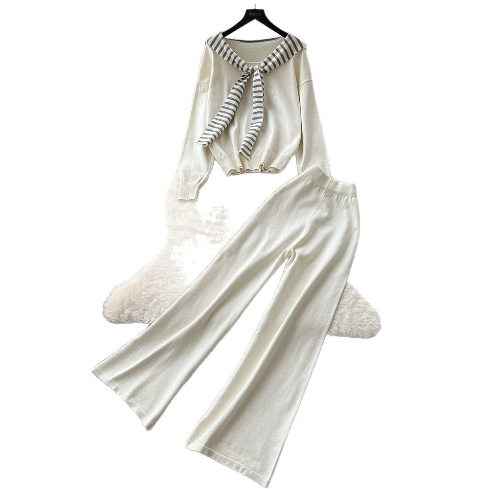 Women's casual knit set: autumn oversized loungewear - striped knit top & wide-leg pants
