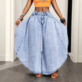 Fashionjeans women's high waist snowflake washed pleated wide leg pants light blue distressed loosedrapedmoppants