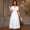 Off-the-shoulder v-neck irregular bow bridesmaid dress - slim fit a-line party dress