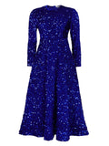 D469 cross-border new women's round neck long sleeve solid color sequin high waist elegant midi dress european and american style