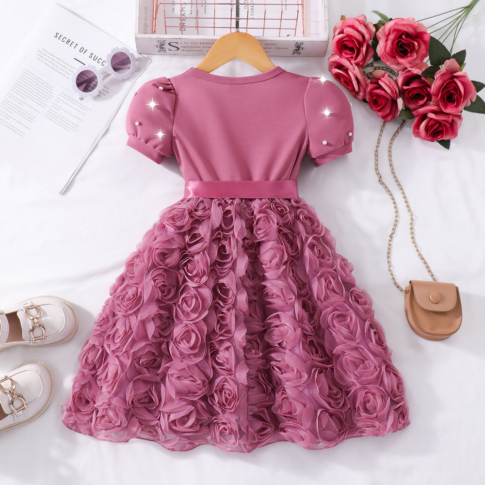 Girls' dress for toddlers and young children, pearl-embellished short-sleeve rose dress