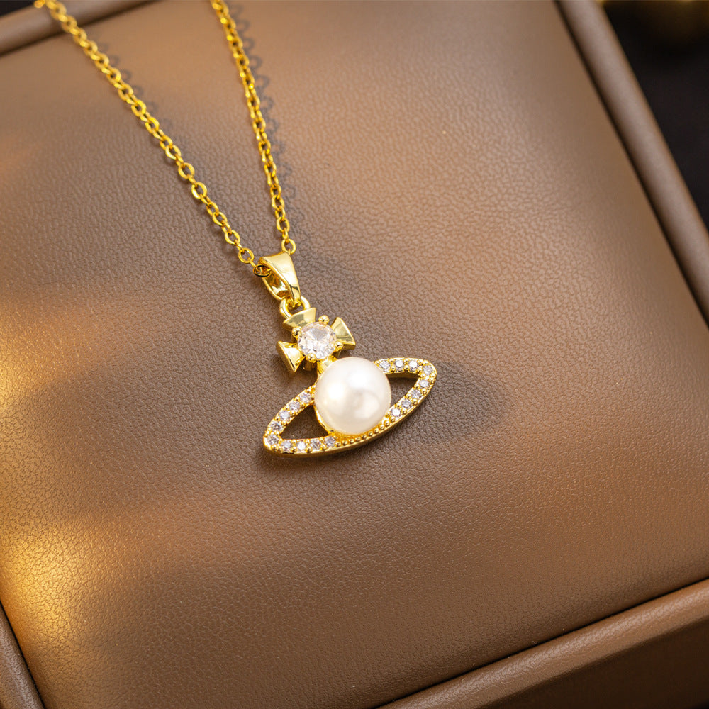 [titanium steel] hot-selling queen mother saturn pearl necklace women's earrings niche style classy light luxury sweater chain jewelry