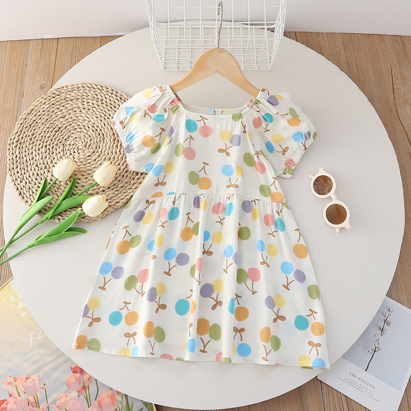 Girls' summer floral dress - trendy bubble sleeve sundress for kids - stylish cartoon print dress