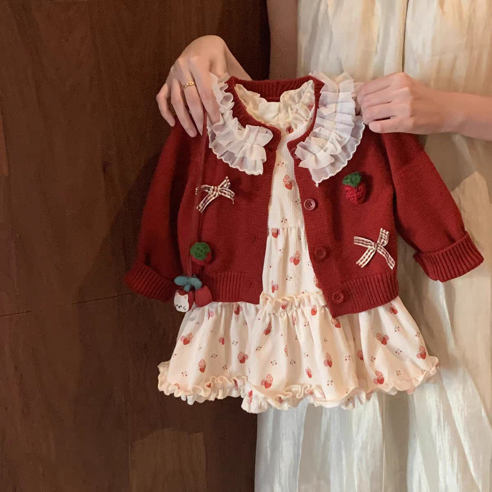 French sweet girl's  korean style early autumn new arrival: red bow cardigan & casual floral dress two-piece set