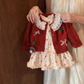 French sweet girl's  korean style early autumn new arrival: red bow cardigan & casual floral dress two-piece set