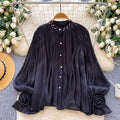 French style gentle flare sleeve diamond embellished pleated blouse - women's korean style breathable loose fit slimming elegant commute top