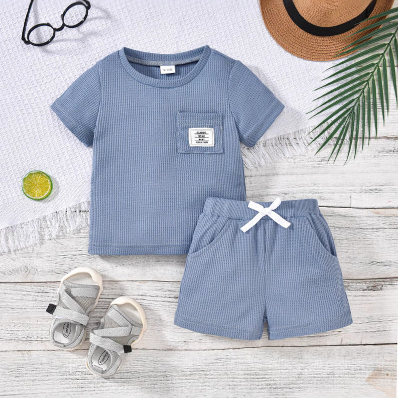 Baby boy & girl casual waffle knit pocket short sleeve top & shorts set