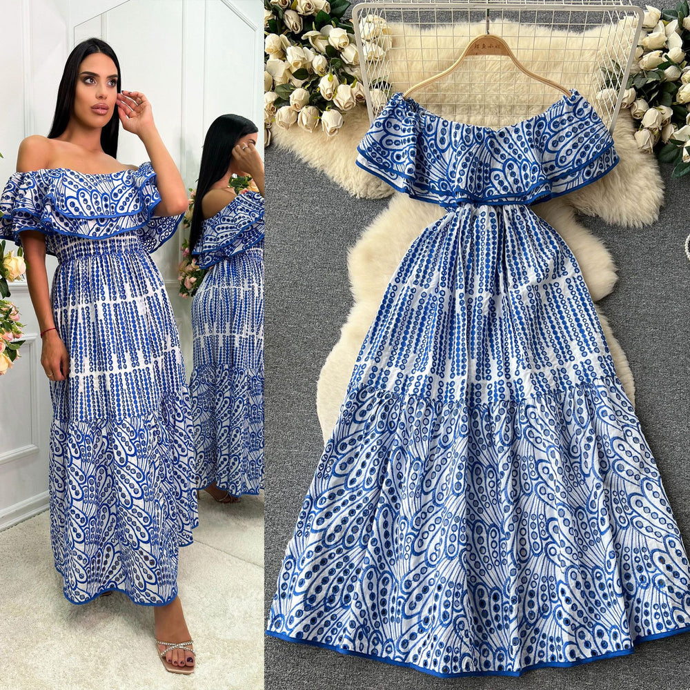 Elegant, sophisticated, and effortlessly chic: this ruffled, off-the-shoulder, lace-embroidered, and cutout maxi dress is perfect for a glamorous beach vacation
