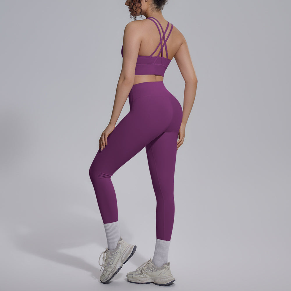 double-sided nylon pure color cross-back tight nude sportswear suit running fitness yoga suit suit