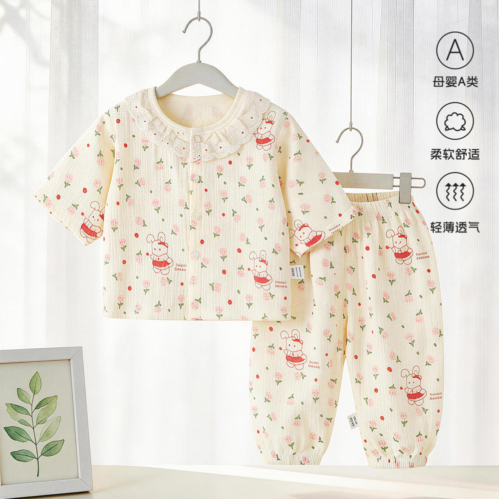 Class a pajamas gauze pure cotton spring summer thin baby air-conditioning home clothes 7-quarter sleeves + pants kidssuit