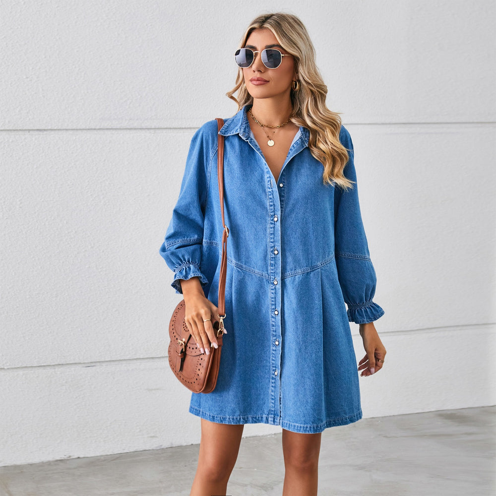 Ebay fashion cross-border export  new arrival loose washed long sleevespatchwork denim dress mid-length skirt for women