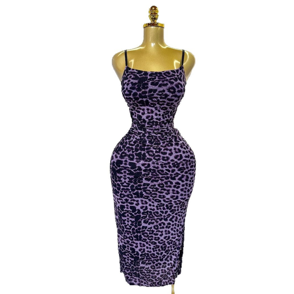 european and american women's clothing  sexy slip dress - cinched waist, bodycon, leopard print, slimming dress