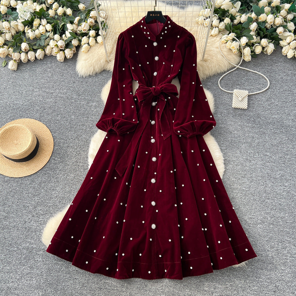 Frenchretroclassy heavy industry nail diamond stand collar lantern sleeves straps waist single breasted large swing velvet dress