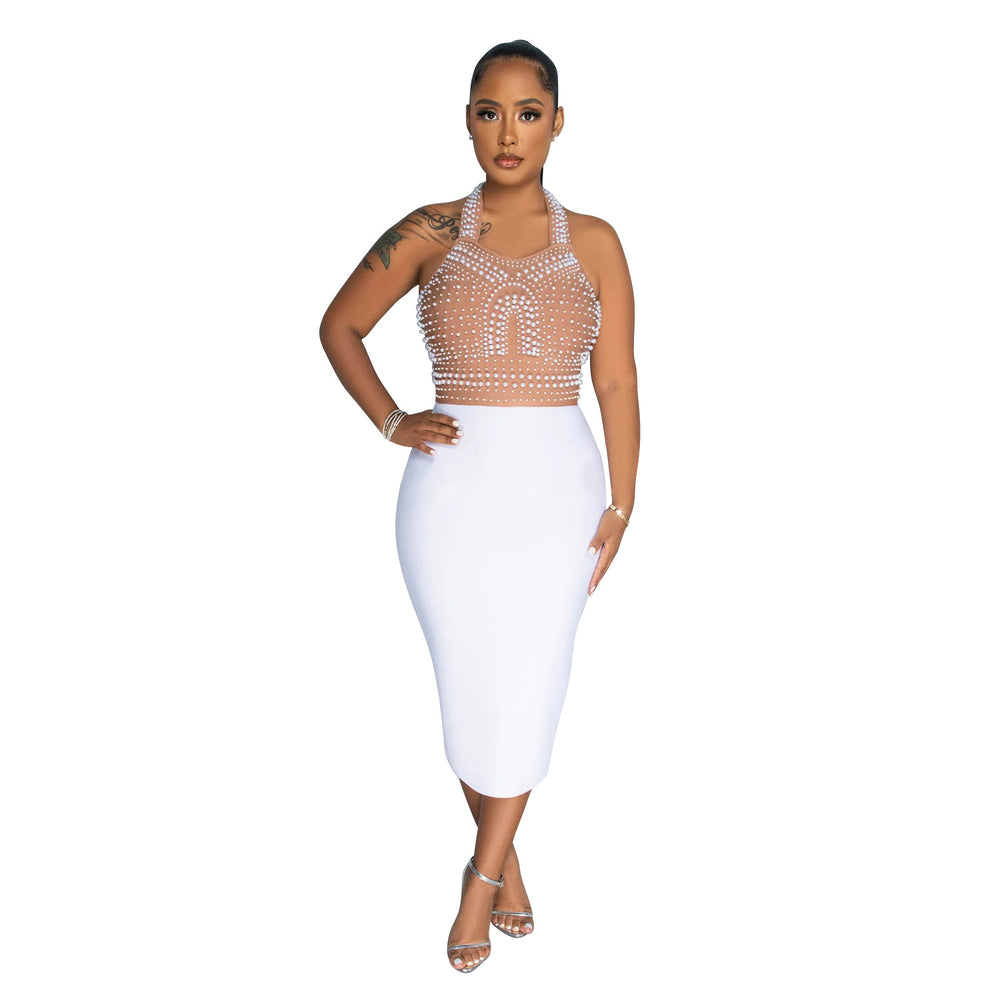 C6873 cross-border   fashion women's solid color mesh rhinestone halter maxi dress