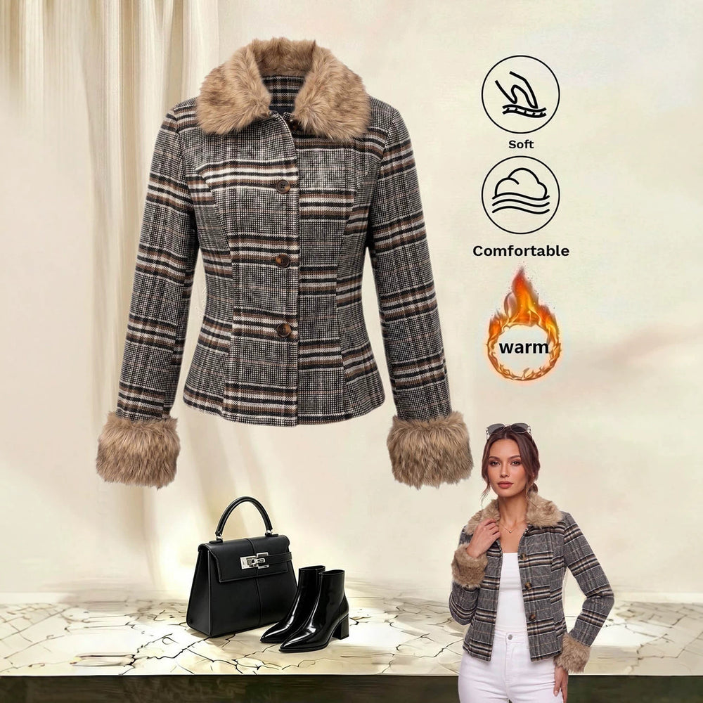 fashion cross-border grids pattern fur collar short outwearretrogrids pattern imitation fur collar cuffs single-breasted silmoutwear