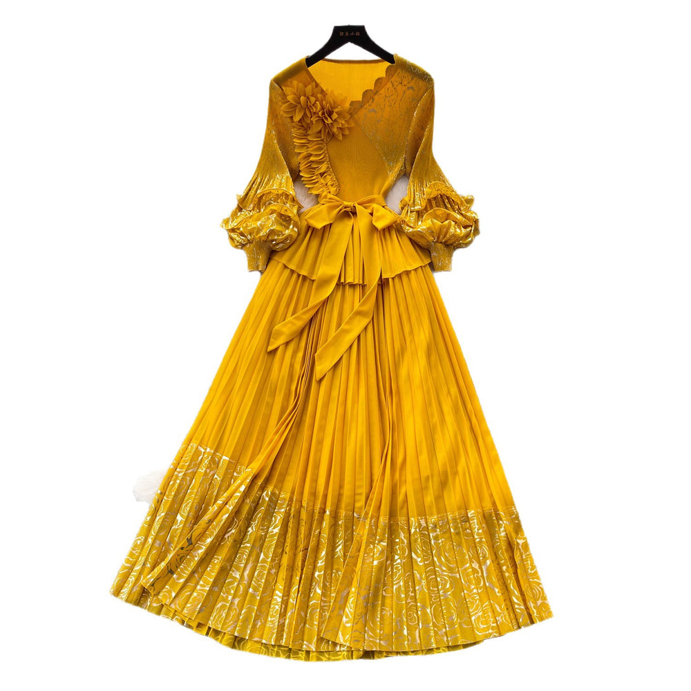 Dopamine yellow lantern sleeve french a-line dress - women's spring v-neck waist-cinching pleated maxi dress - high-end elegant style