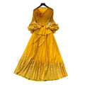 Dopamine yellow lantern sleeve french a-line dress - women's spring v-neck waist-cinching pleated maxi dress - high-end elegant style