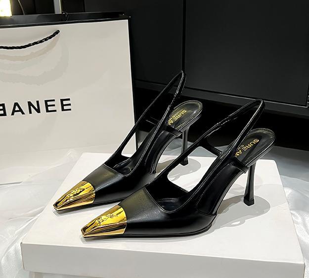 Metal small square toe sexy back hollow fashion sandals women's black patent leather stiletto iron toe high heels elegantflats