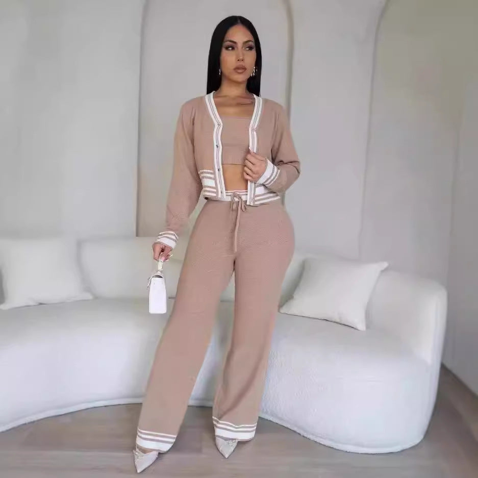 e-commerce source factory: new autumn/winter european and american style women's striped cardigan knit casual three-piece set