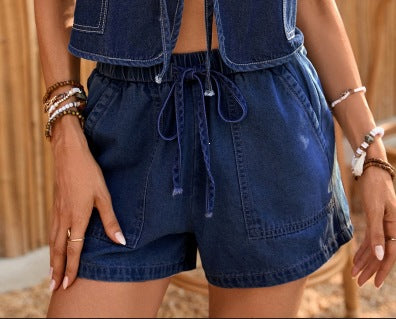 fashionsummernew arrival   washed casual sleeveless tie back vest denim suit shorts for women