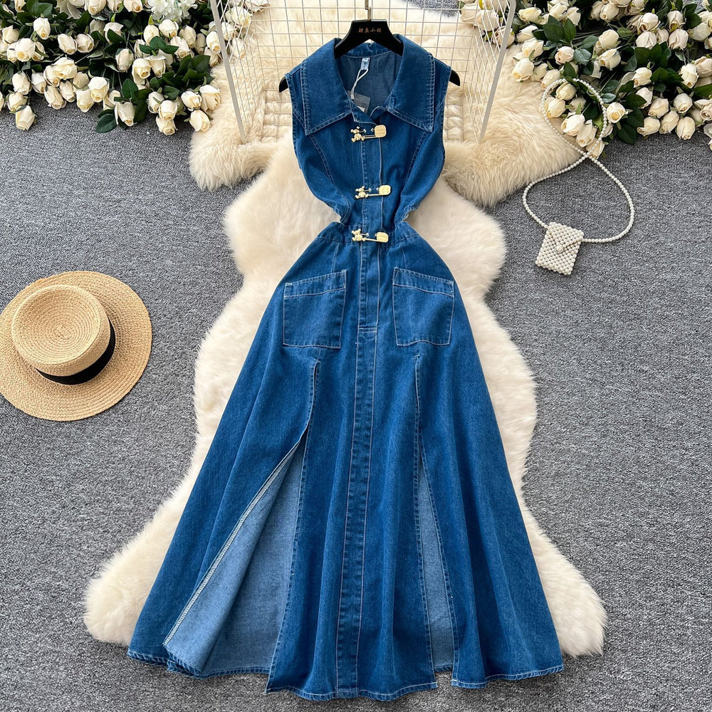 summer new arrival: women's denim dress - designer cutout, waist-exposed, slimming, elegant, slit, sleeveless maxi dress