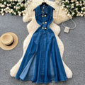 summer new arrival: women's denim dress - designer cutout, waist-exposed, slimming, elegant, slit, sleeveless maxi dress