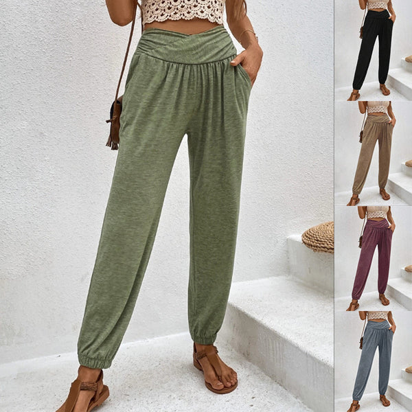 's new 2025 European and American women's clothing home trousers temperament casual loose pocket high waist leggings trousers women