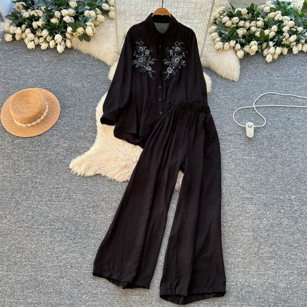 Light mature style heavy industry embroider red work clothingtwo-piece set female autumlooseslimming looklong sleevesshirtloose pantssuit