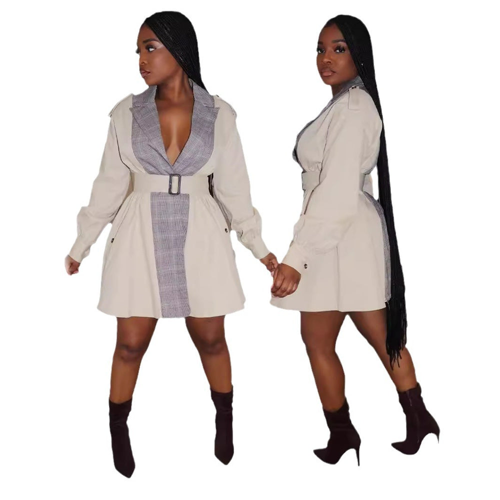 cross-border  fashion color block patchwork new arrival elegant commute cinched waist suit collar mid-length trench coat