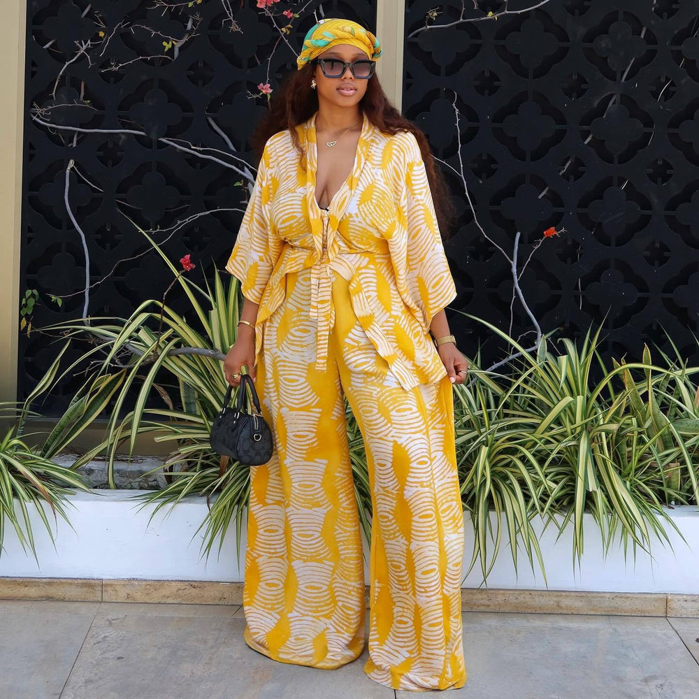 European and american cross-border women's fashion  summer new arrival: elegant casual v-neck printed shirt top and wide-leg pants set