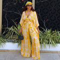 European and american cross-border women's fashion  summer new arrival: elegant casual v-neck printed shirt top and wide-leg pants set