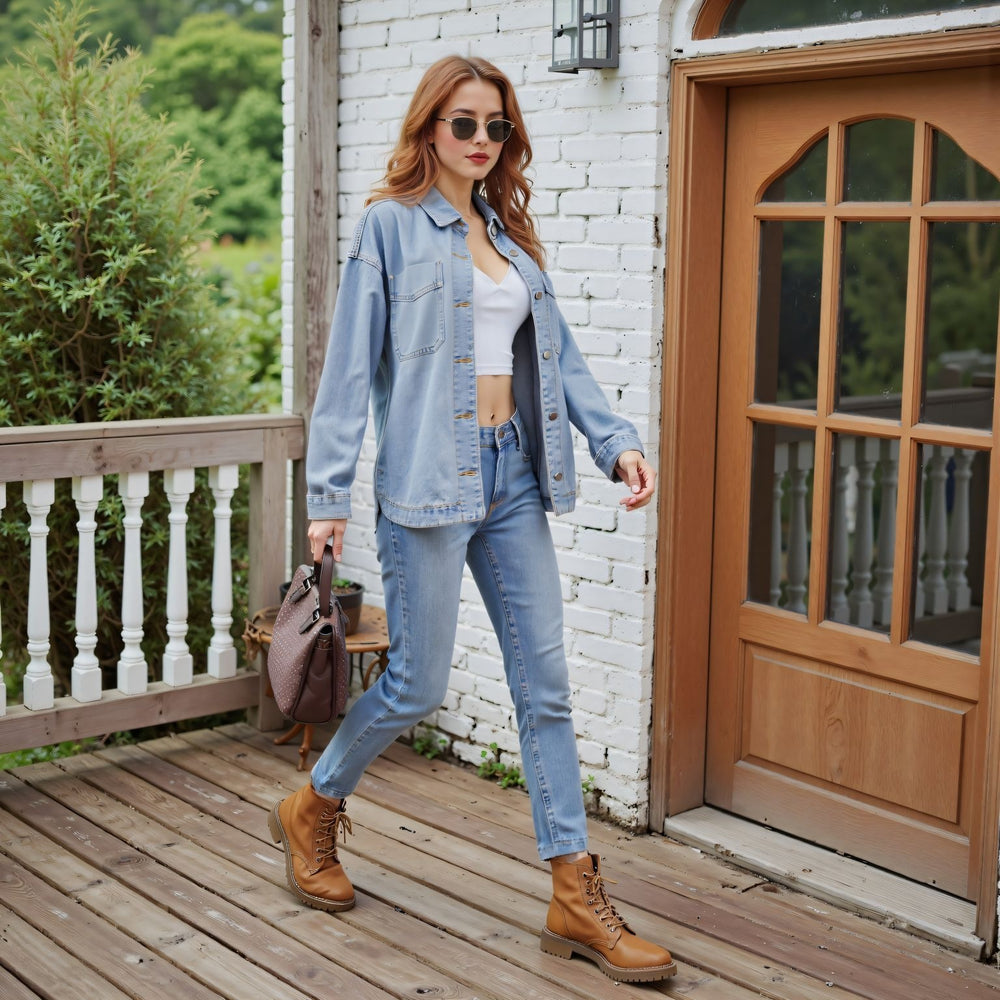 European and american cross-border e-commerce  new arrival washed vintage loose casual early autumn new slit denim shirt for women