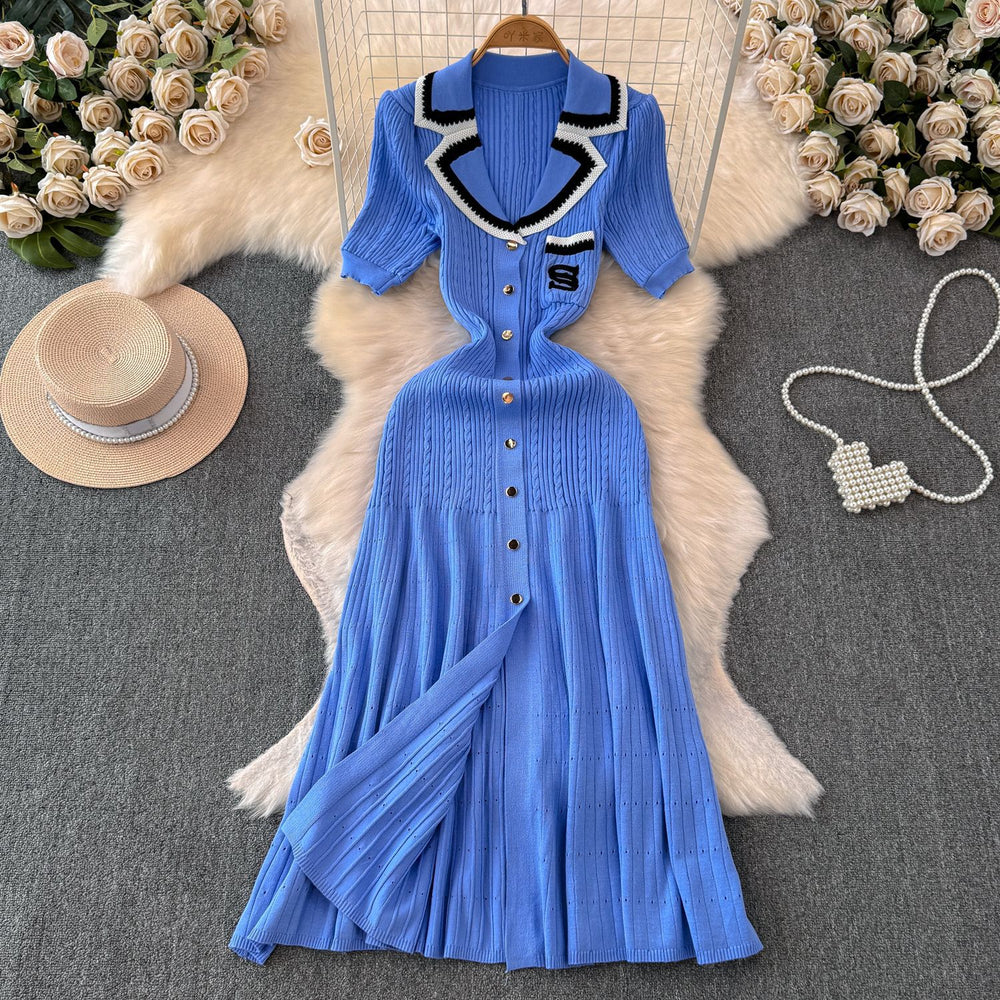 Fall and winter tweed style socialite short-sleeved contrast colorembroider suit collar waist slimming look single-breasted a-line knittingdress
