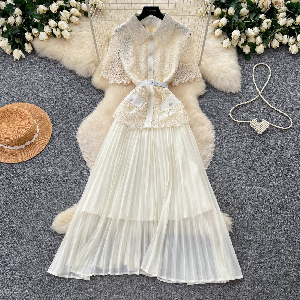 Elegant lace-trimmed a-line midi dress - summer slimming pleated maxi dress for women - chic & professional
