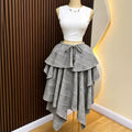 Colorful plaid elastic waistband free sizeasymmetrical hem large hem skirt tie backfashioneasiest for match
