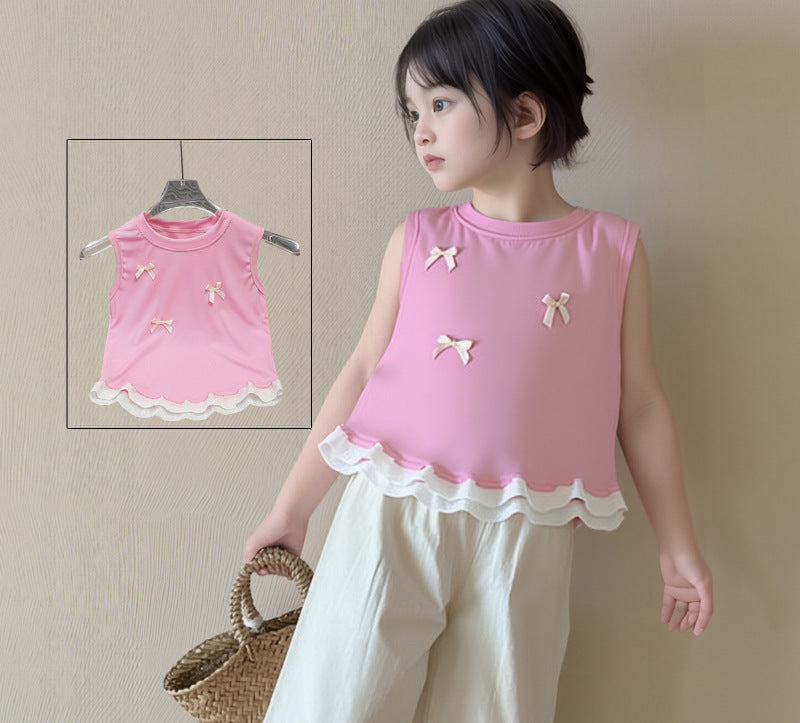 Girls' sleeveless lace-trimmed summer top,  new style: stylish sleeveless lace tank top with bow detail, versatile vest