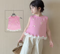 Girls' sleeveless lace-trimmed summer top,  new style: stylish sleeveless lace tank top with bow detail, versatile vest