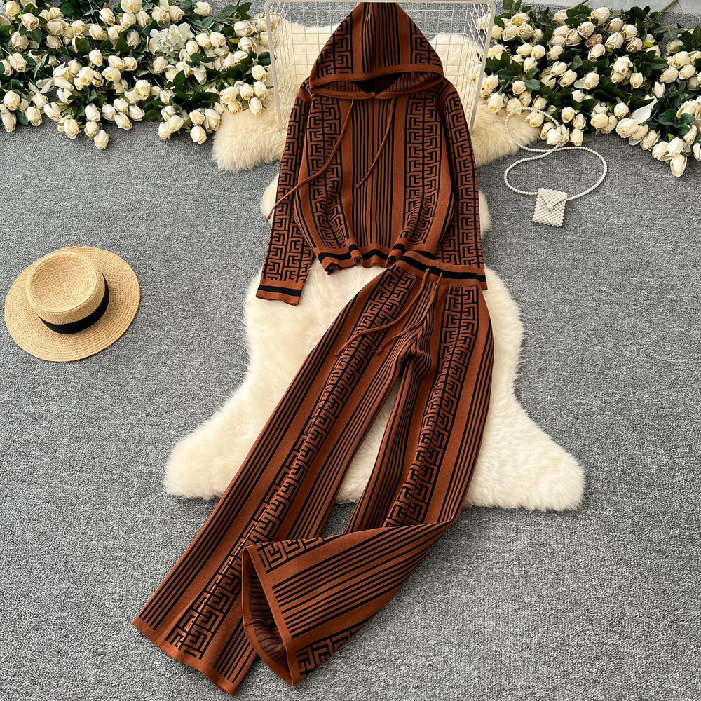 Women's fall/winter sweater and pants set - european & american style, niche design, casual & versatile, long sleeve hooded printed knit top & outerwear