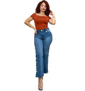 European and american style micro-flared jeans  cross-border women's clothing street fashion side-breasted washed high waist casual pants
