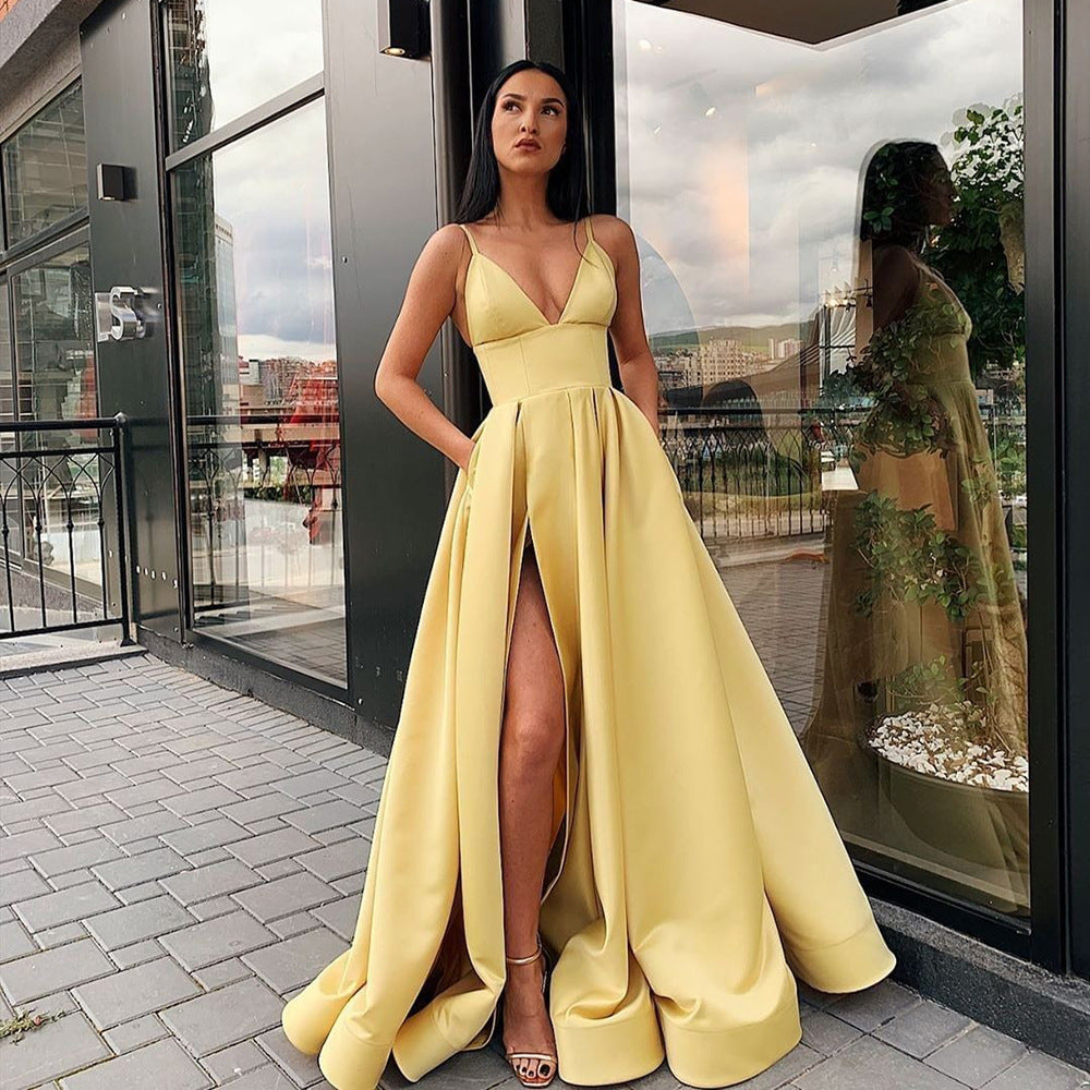 summer new european and american style sexy slim-fit camisole dress deep v slit banquet evening gown