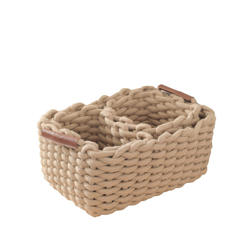 Leather handle twin sundries with handle cotton rope woven storage basket size cosmetics lipstick storage box eyeshadow