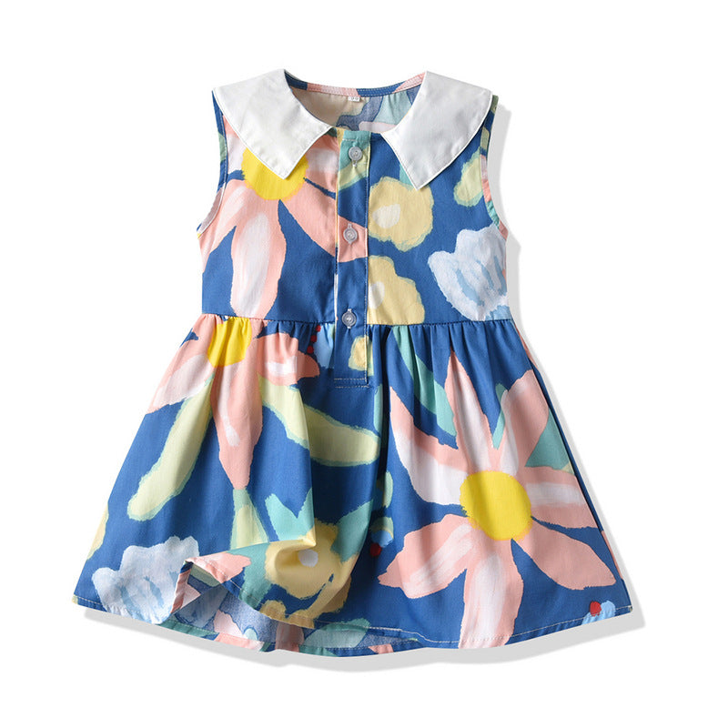 Wholesale foreign trade spring/summer new arrivals: printed floral european and american style girls' dresses, baby turn-down collar sleeveless princess dresses