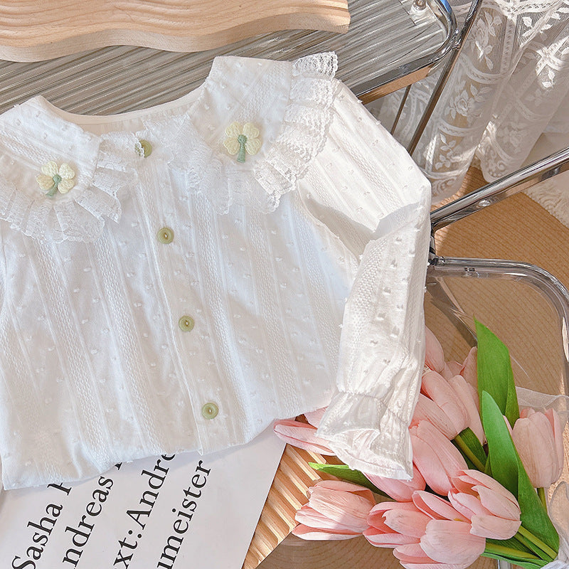 Autumn new arrival: 100% cotton long-sleeve shirt for girls - all-season wear with peter pan collar, lace trim, and clover appliqué