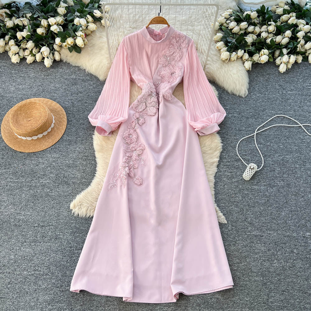 French chic flared sleeve maxi dress with 3d floral embroidery - high waist, slimming a-line silhouette